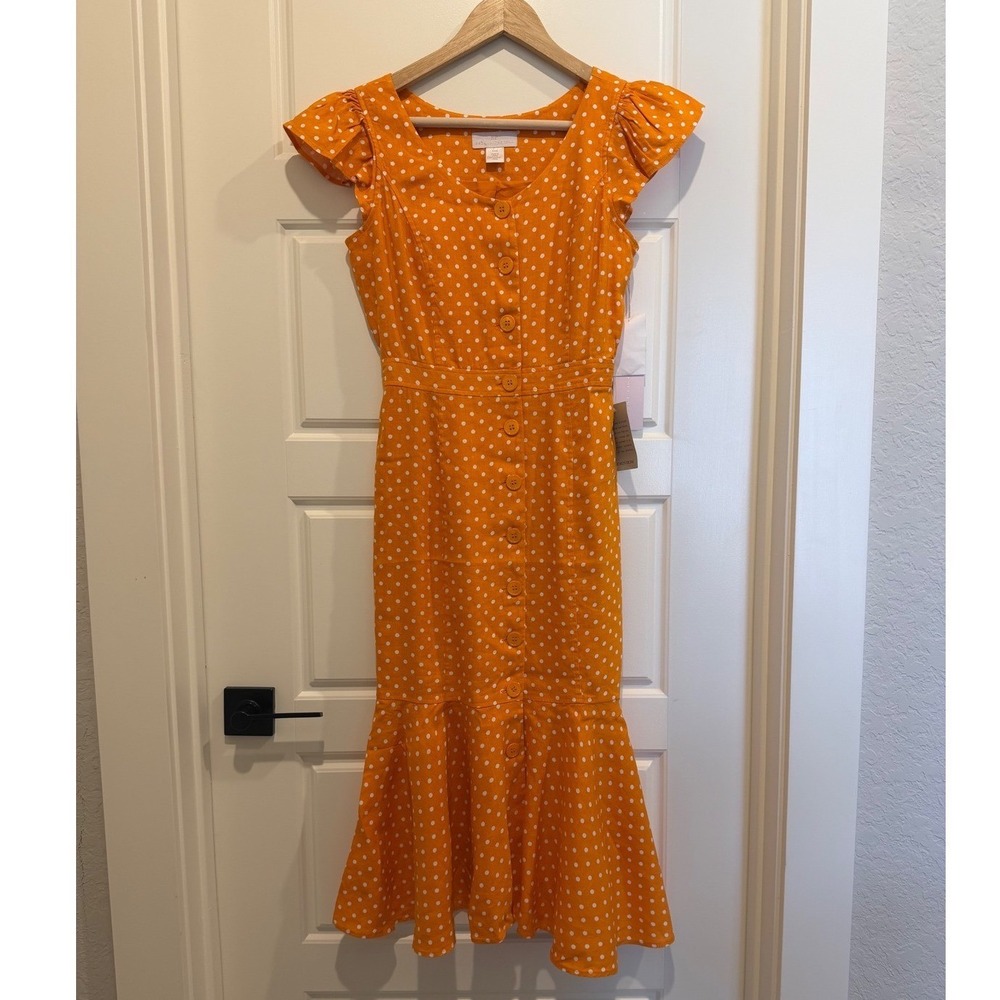 Rachel Parcell Cottagecore Tea Party Midi Dress XXS Orange Polka Dot Ruffle Hem